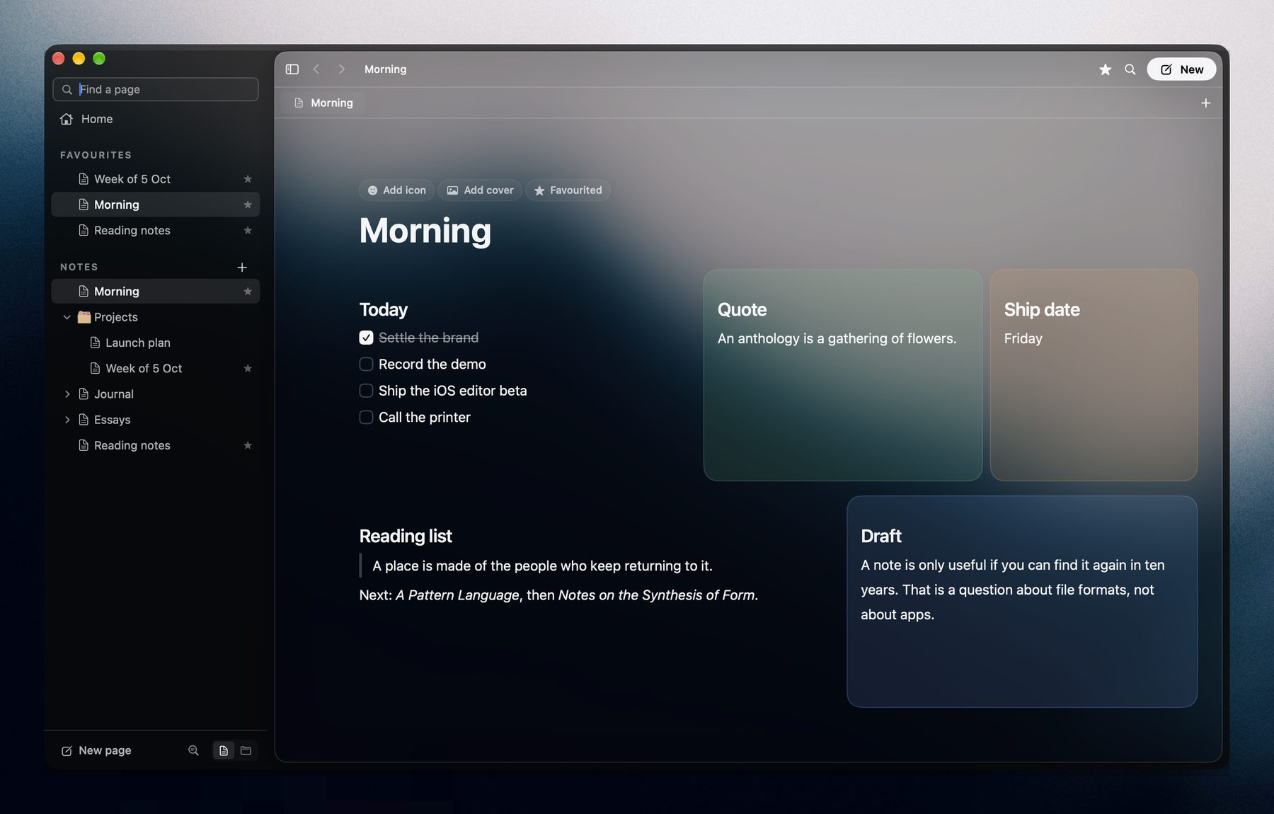 A Verse page called Morning laid out as a grid: a to-do list, a quote, a ship date, a reading list and a draft, each in its own tinted box.
