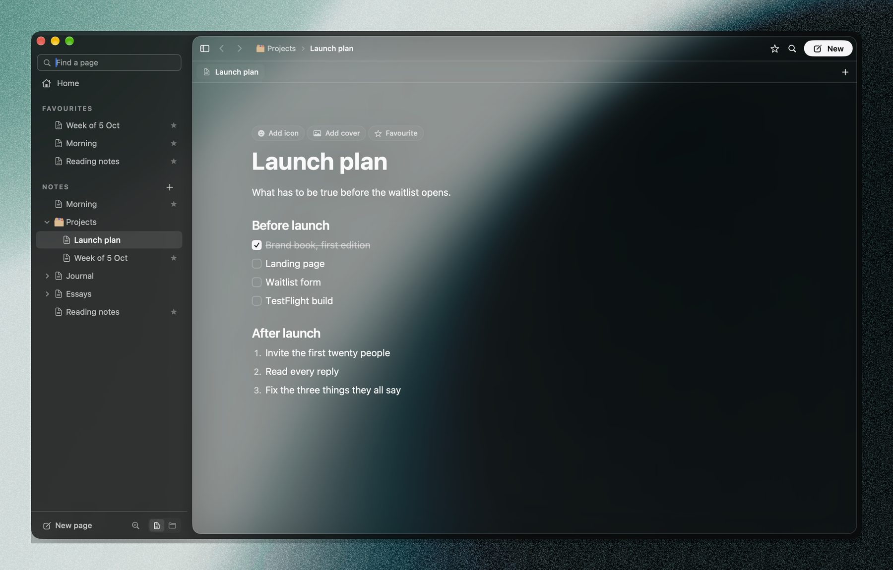 The Launch plan page open in Verse, a checklist of what has to happen before launch.