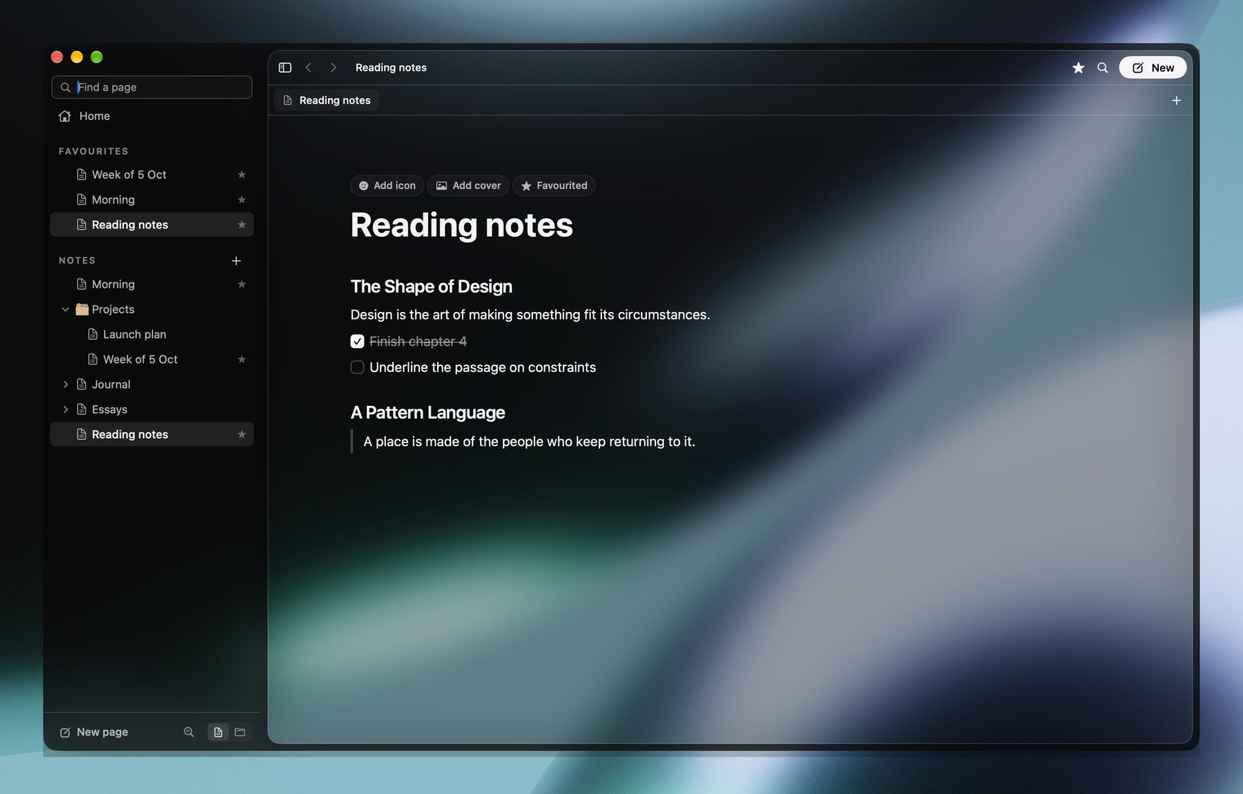 The Reading notes page open in Verse.