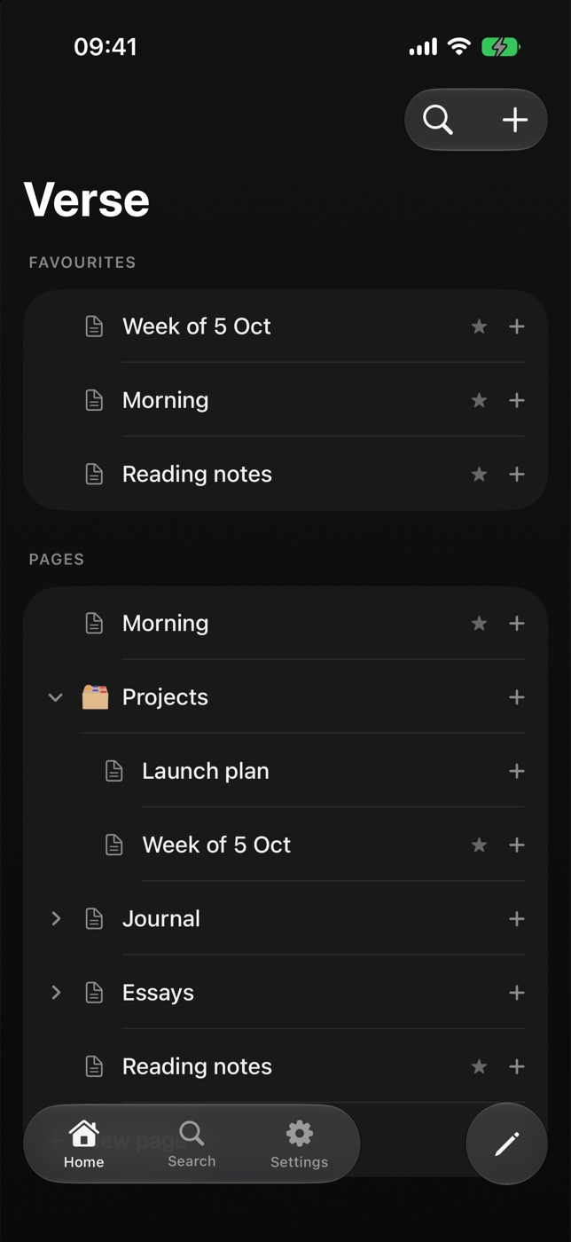 The Verse home screen on iPhone: favourites and the page tree.